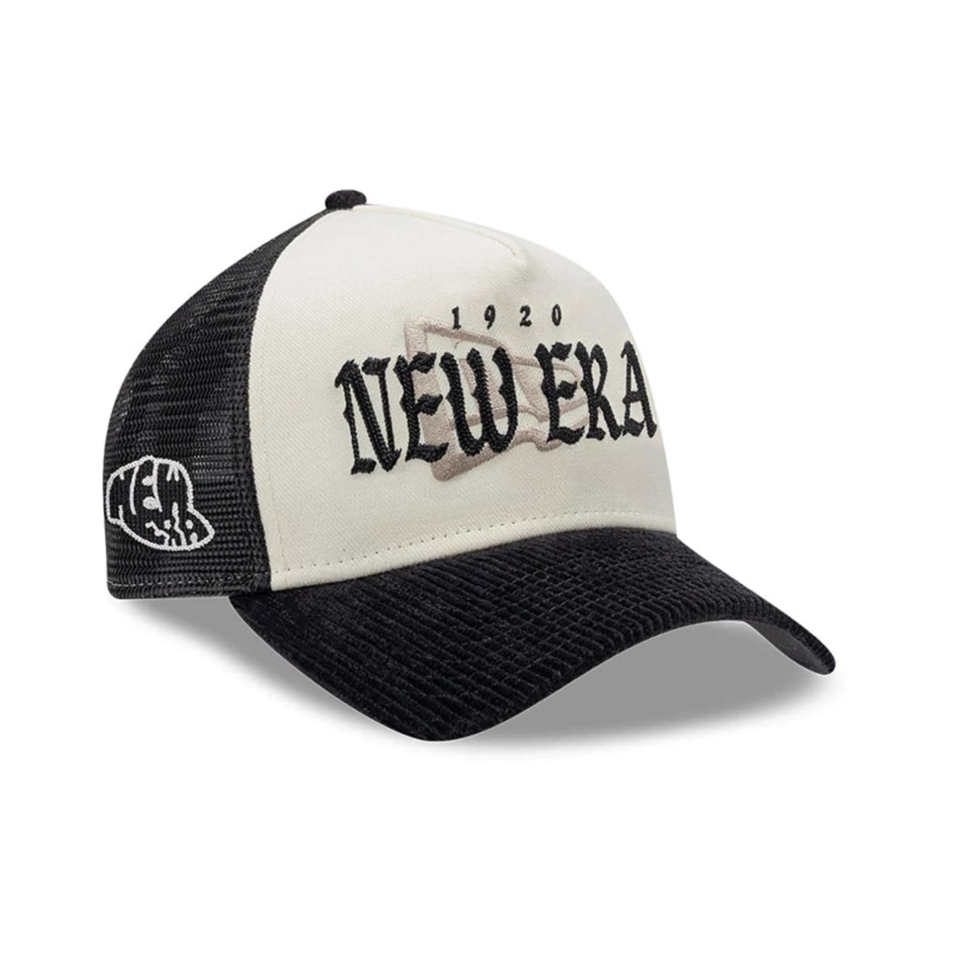 Pictured is this New Era Old English 9FORTY A-Frame cap in white. 1