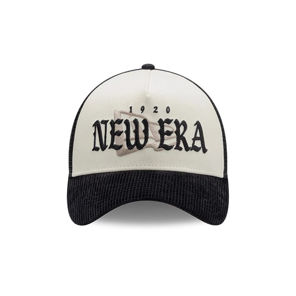 Pictured is this New Era Old English 9FORTY A-Frame cap in white. 4