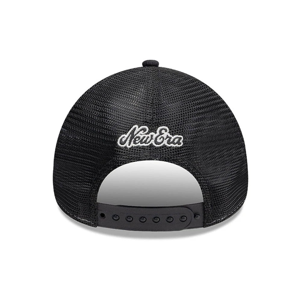 New Era Old English White 9FORTY A-Frame Cap, rear view showing a white embroidered New Era logo across the black mesh back, contrasted against a black adjustable snapback closure at the base of the structured crown.