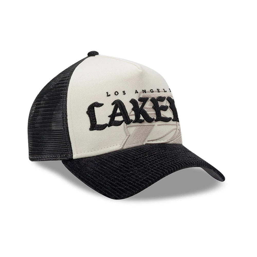 LA Lakers NBA Old English White New Era 9FORTY A-Frame Cap, three-quarter view showing the raised black embroidered LAKERS lettering on the structured white front panel, with a curved black visor and black mesh side panels.