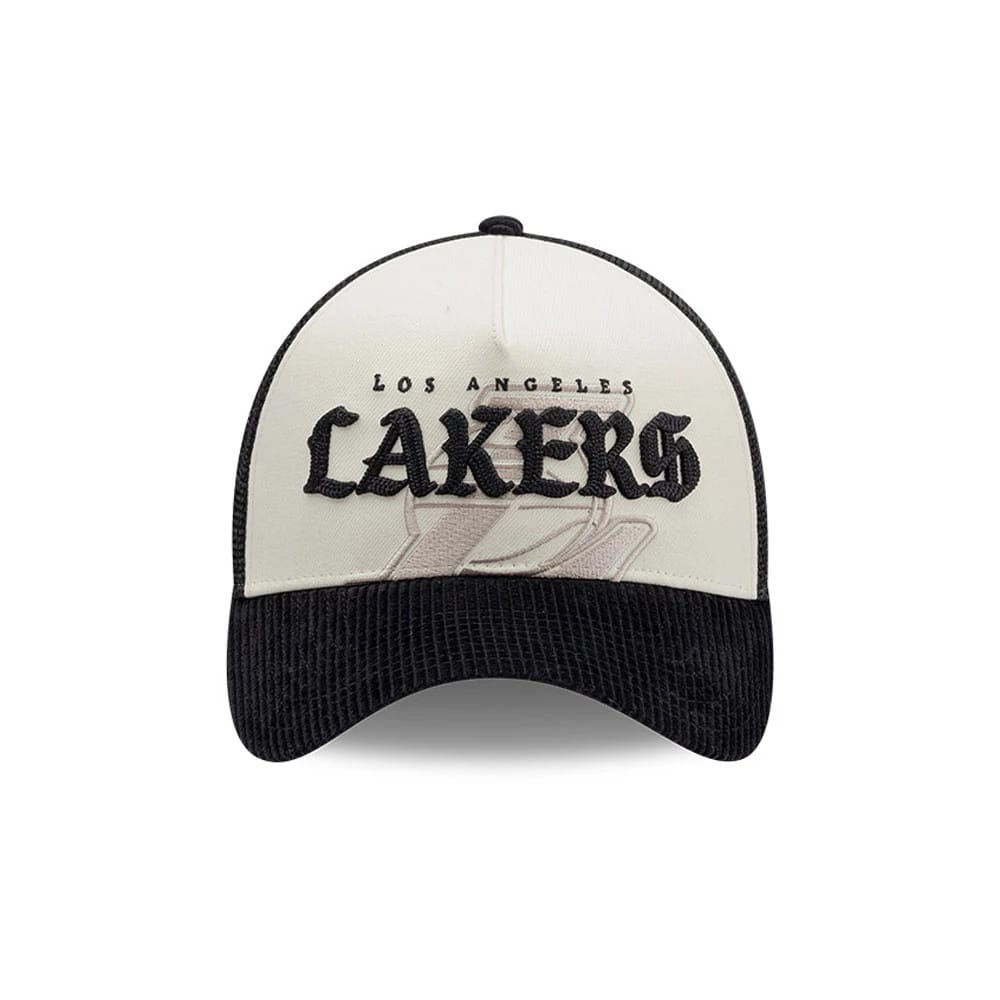 Pictured is this NBA Old English LA Lakers 9FORTY A-Frame cap in white. 2