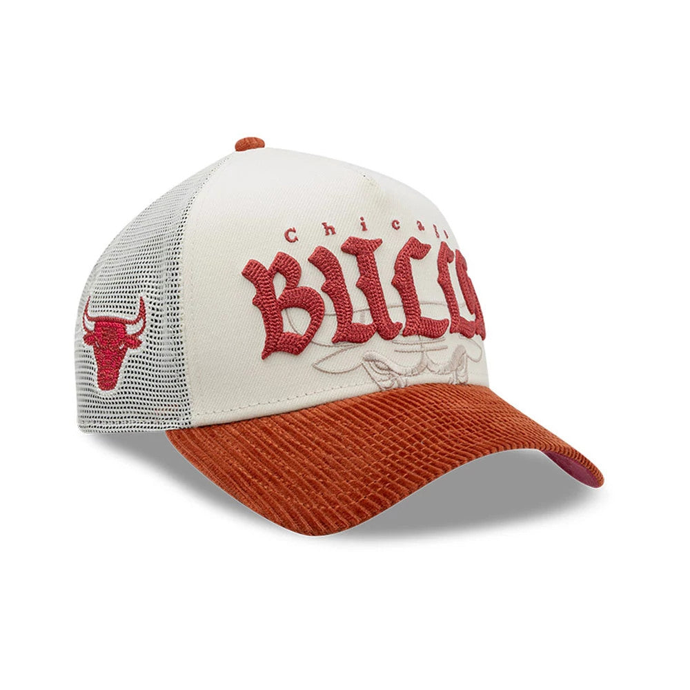 Chicago Bulls NBA Old English White New Era 9FORTY A-Frame Cap, three-quarter view showing raised red Old English lettering on the front panel, an orange corduroy visor, and a red Bulls logo on the white mesh side panel.