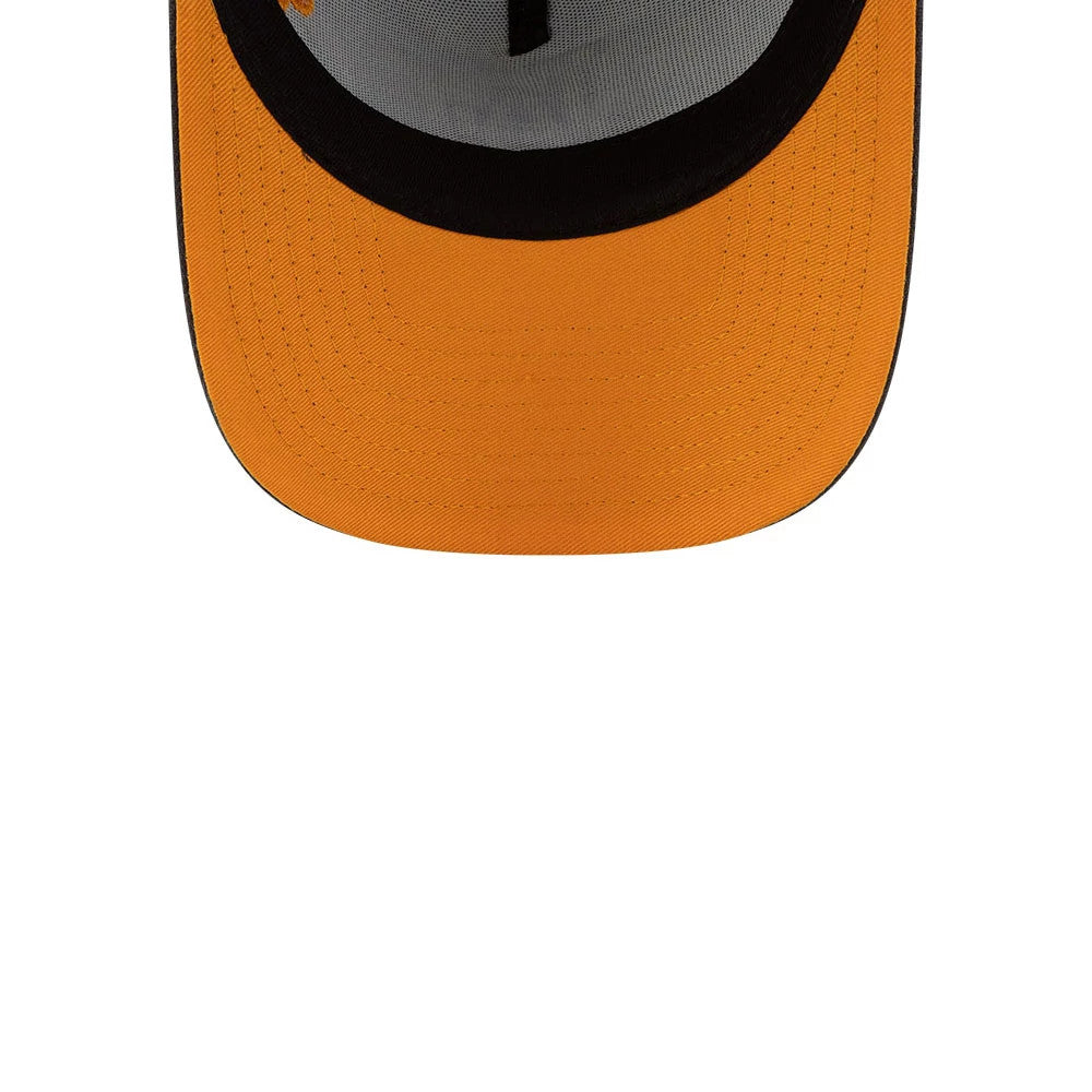 LA Dodgers MLB Tiger Camo Green New Era 9FORTY A-Frame Cap, inside view showing the bright orange undervisor, the black curved visor edge, and the stitching details on the underside of the visor.