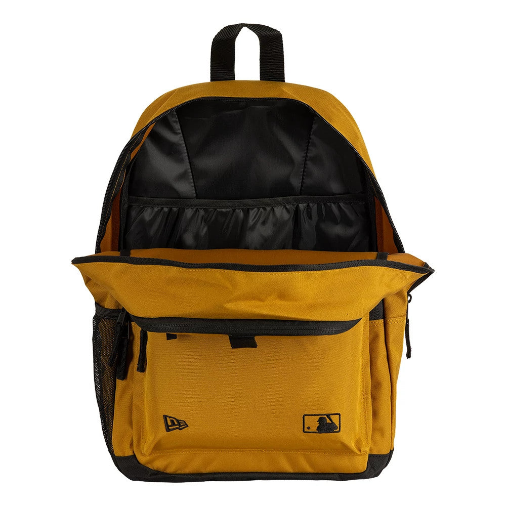 New Era New York Yankees MLB Yellow Delaware Backpack, open view showcasing the spacious main compartment with black inner lining, two additional pockets, a New Era embroidered logo on the front pocket, and a black handle at the top.