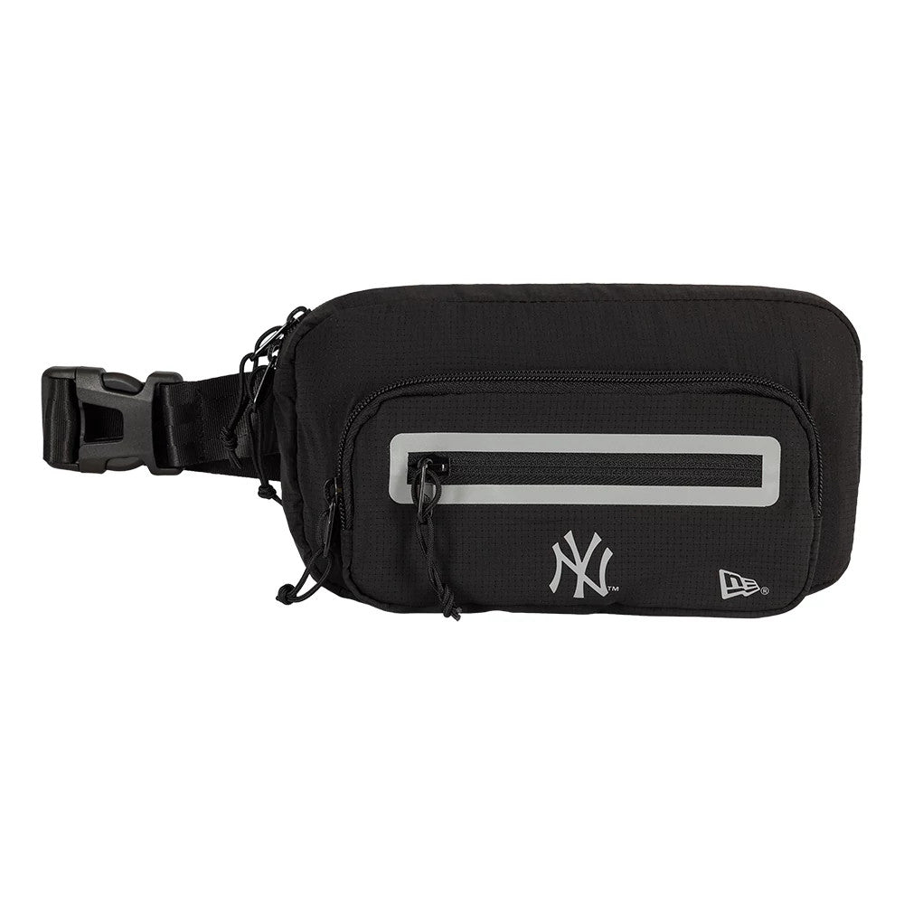 New Era New York Yankees MLB Active Mesh Black Waist Bag, front view featuring a small zip pocket with a reflective strip, the embroidered NY Yankees logo centred below, a debossed New Era logo to the right.