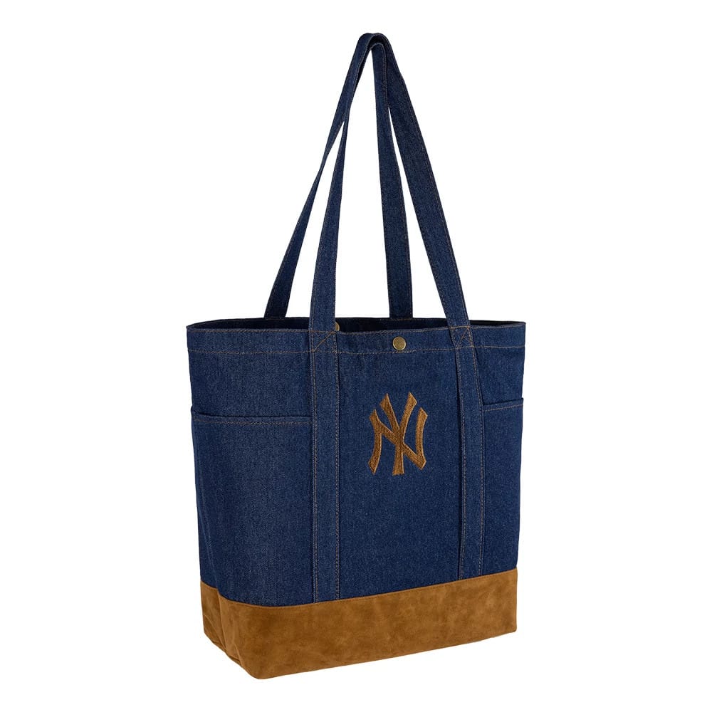 Pictured is this MLB Suede Denim New York Yankees Tote Bag in navy. 3