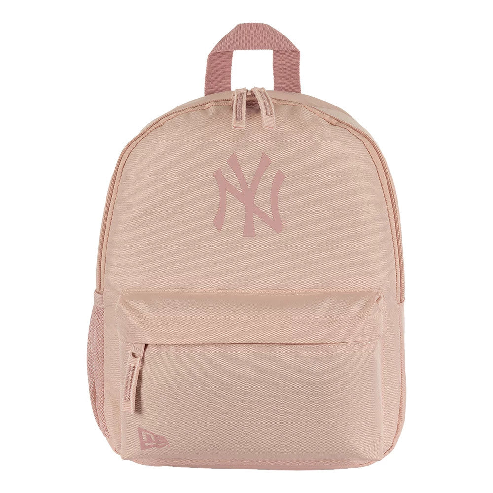New Era New York Yankees MLB Mini Backpack Pastel Pink Stadium Backpack, front view showing a large pink embroidered Yankees logo centred on the main compartment, with a small front pocket below and a printed New Era logo in the corner.