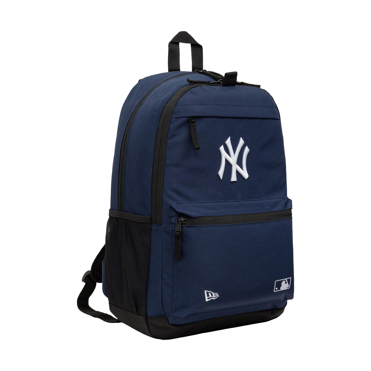 New Era New York Yankees MLB Navy Delaware Backpack, three-quarter view showing the front with a large white embroidered Yankees logo, a zip pocket beneath it, a smaller embroidered New Era logo at the bottom, and mesh side pockets.