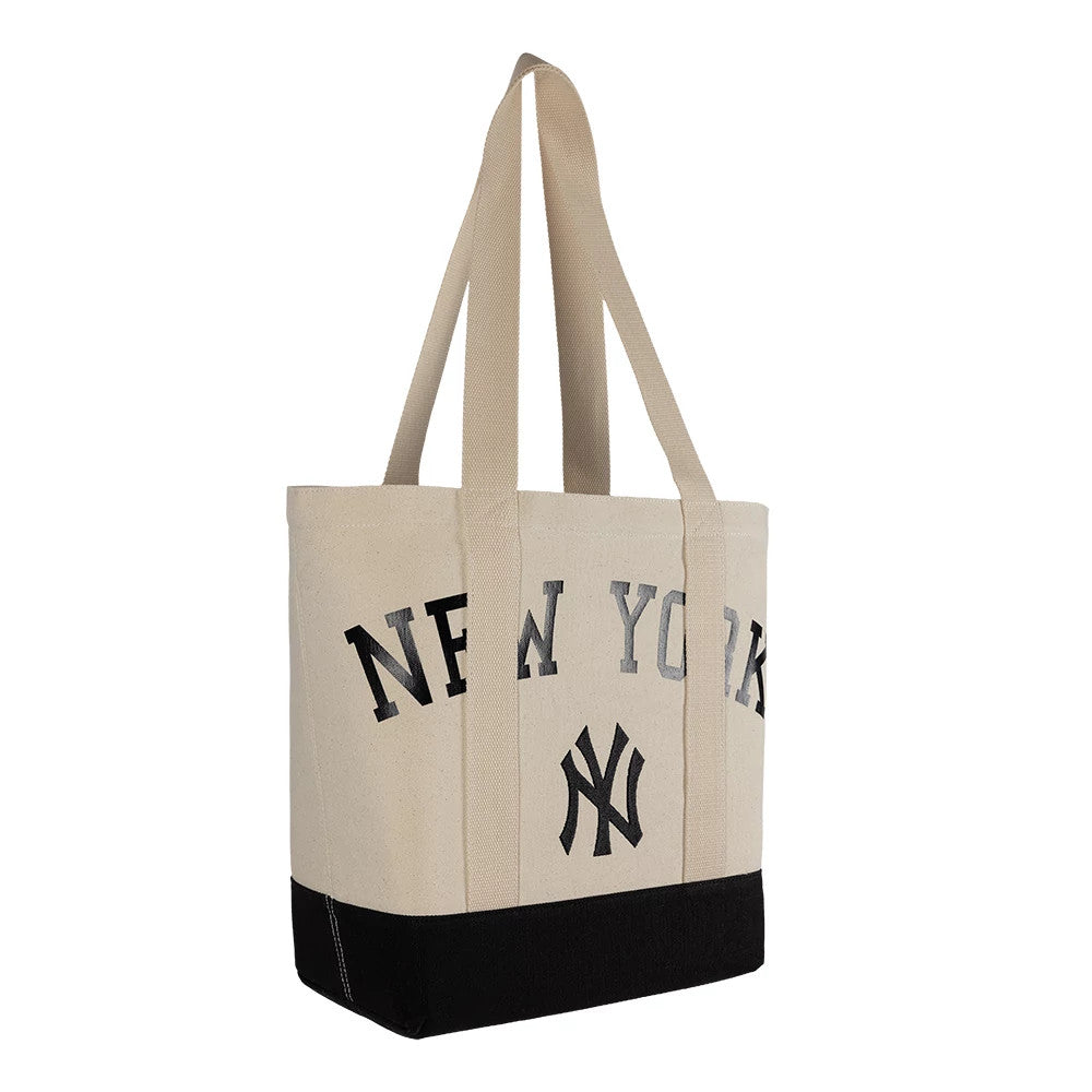 Pictured is this MLB New York Yankees Script Tote Bag in light beige. 1