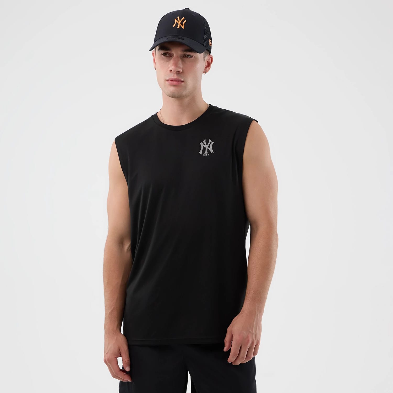 The model is wearing this MLB Core Plus New York Yankees Vest in black. 1