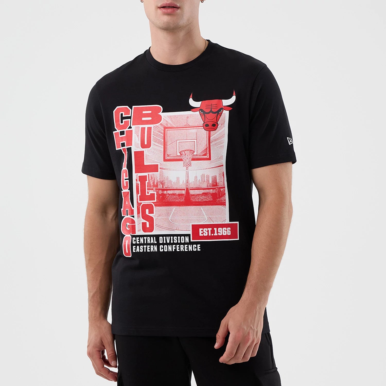 The model is wearing this NBA Court Graphic Chicago Bulls T-Shirt in black. 3