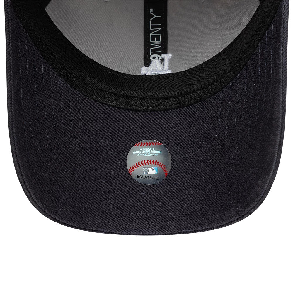 LA Dodgers MLB Washed Contrast Grey New Era 9TWENTY Adjustable Cap, inside view showing the black undervisor with an official MLB holographic sticker, white taping with the 9TWENTY logo, and a grey sweatband for comfort.