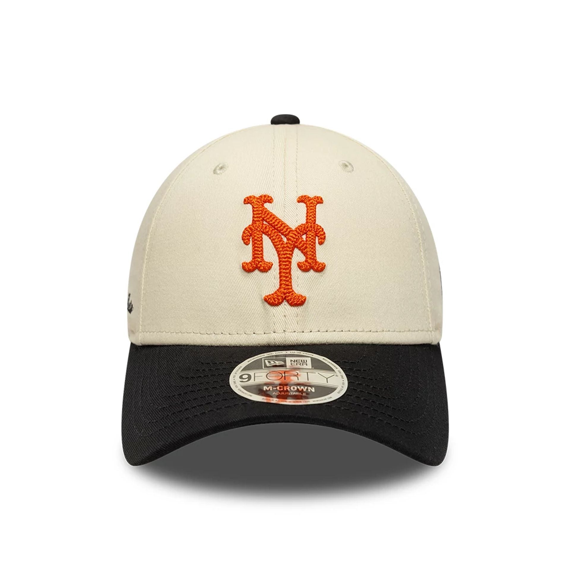 Pictured is this MLB Side Script New York Mets 9FORTY M-Crown cap in Cream. 2