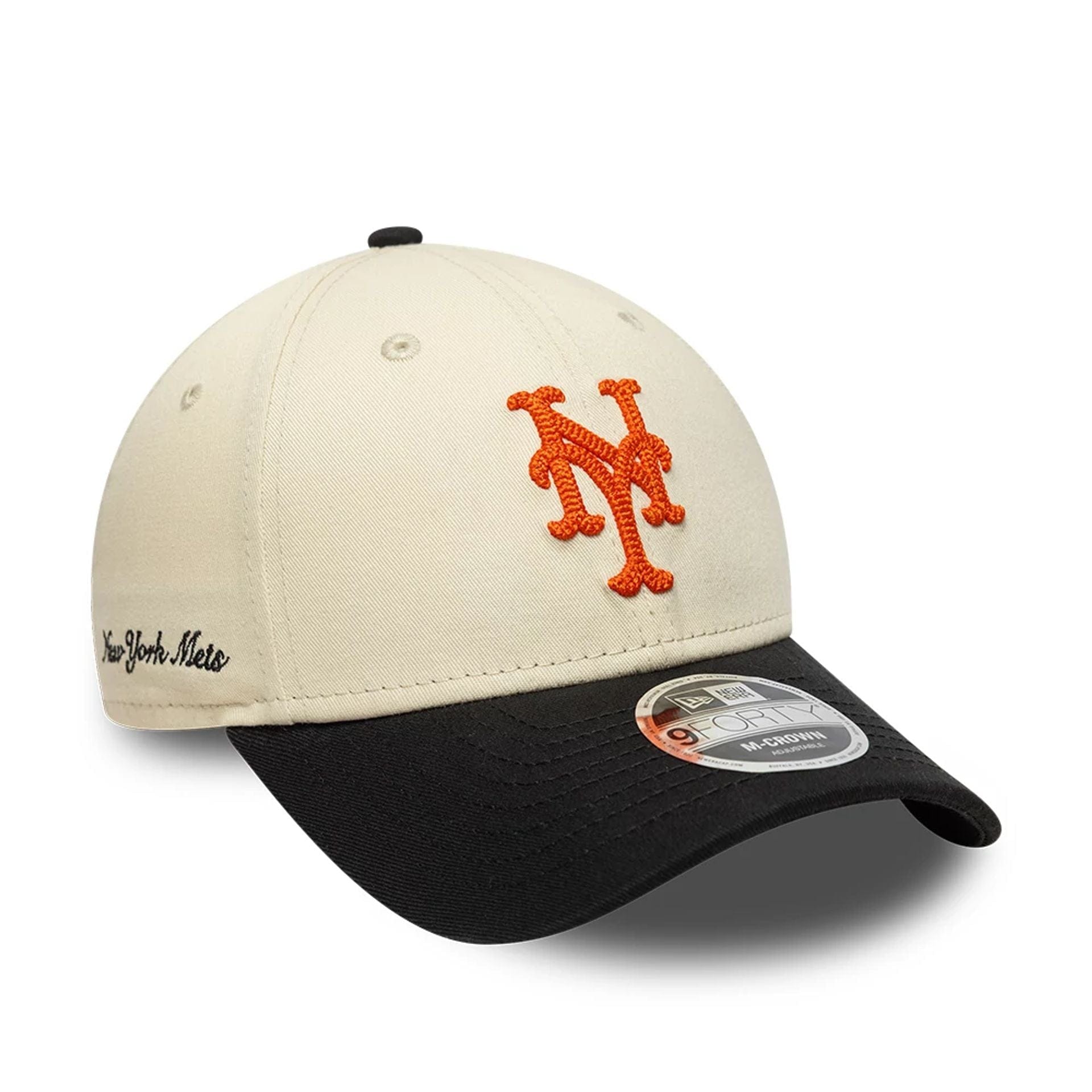 Pictured is this MLB Side Script New York Mets 9FORTY M-Crown cap in Cream. 1