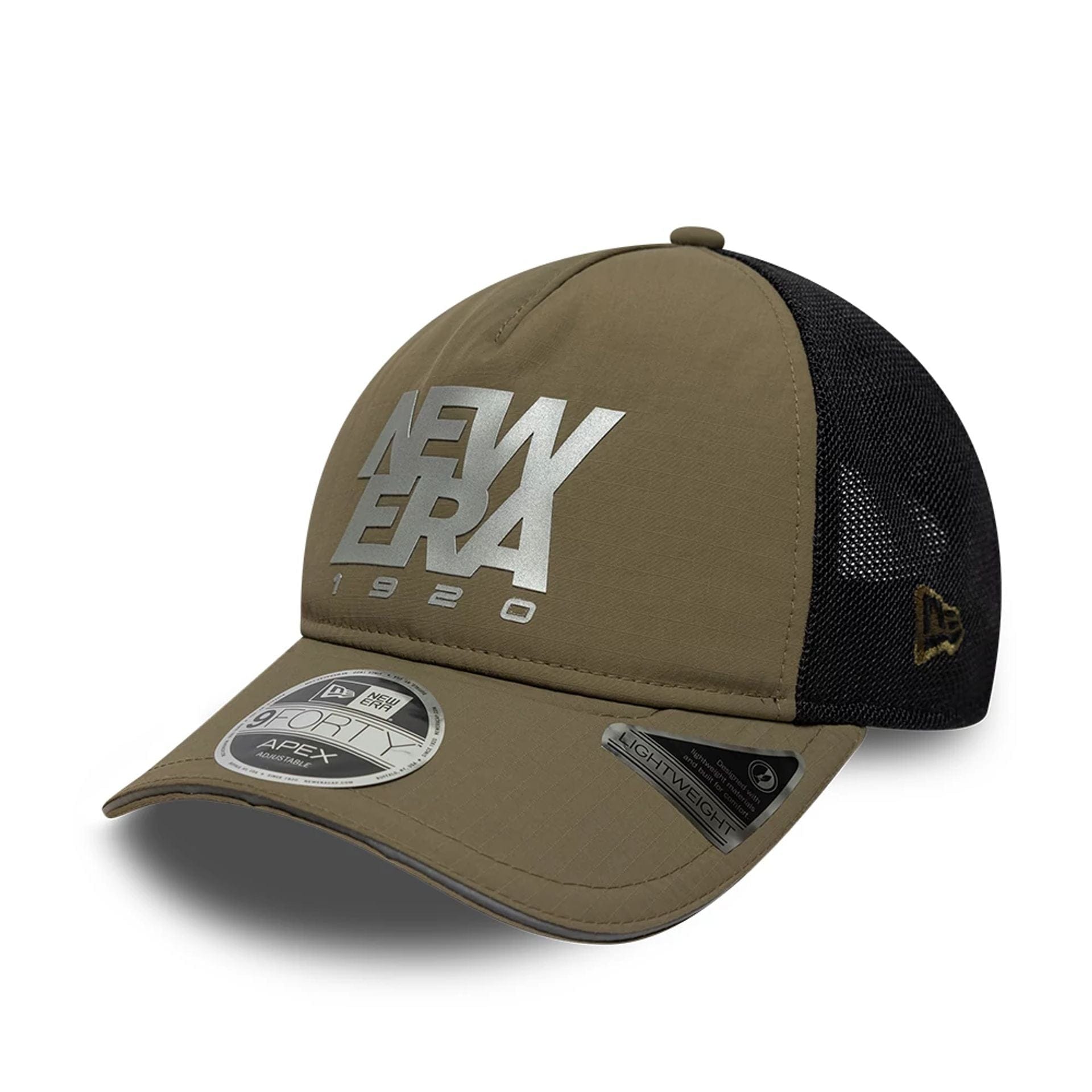 Pictured is this New Era Performance 9FORTY M-Crown A-Frame Trucker cap in green. 1