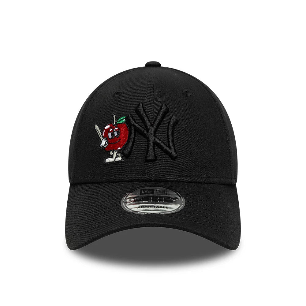 New York Yankees MLB Icon Black New Era 9FORTY Adjustable Cap, front view showing a raised NY logo and a colourful apple character embroidered on the front panel, with a curved black visor and 9FORTY size sticker.