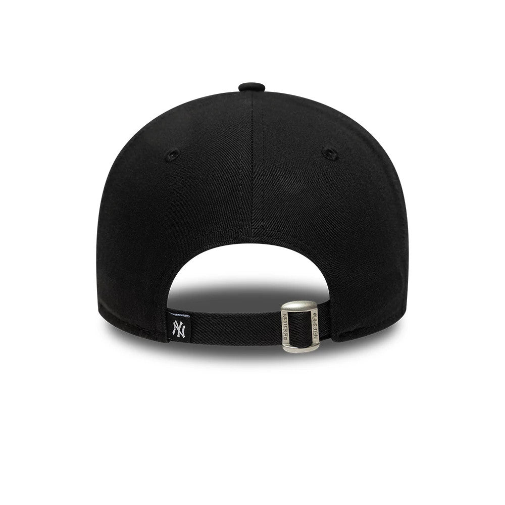 New York Yankees MLB Icon Black New Era 9FORTY Adjustable Cap, rear view showing the black and white embroidered NY logo on the adjustable strap, buckle, and eyelets on the structured black crown.