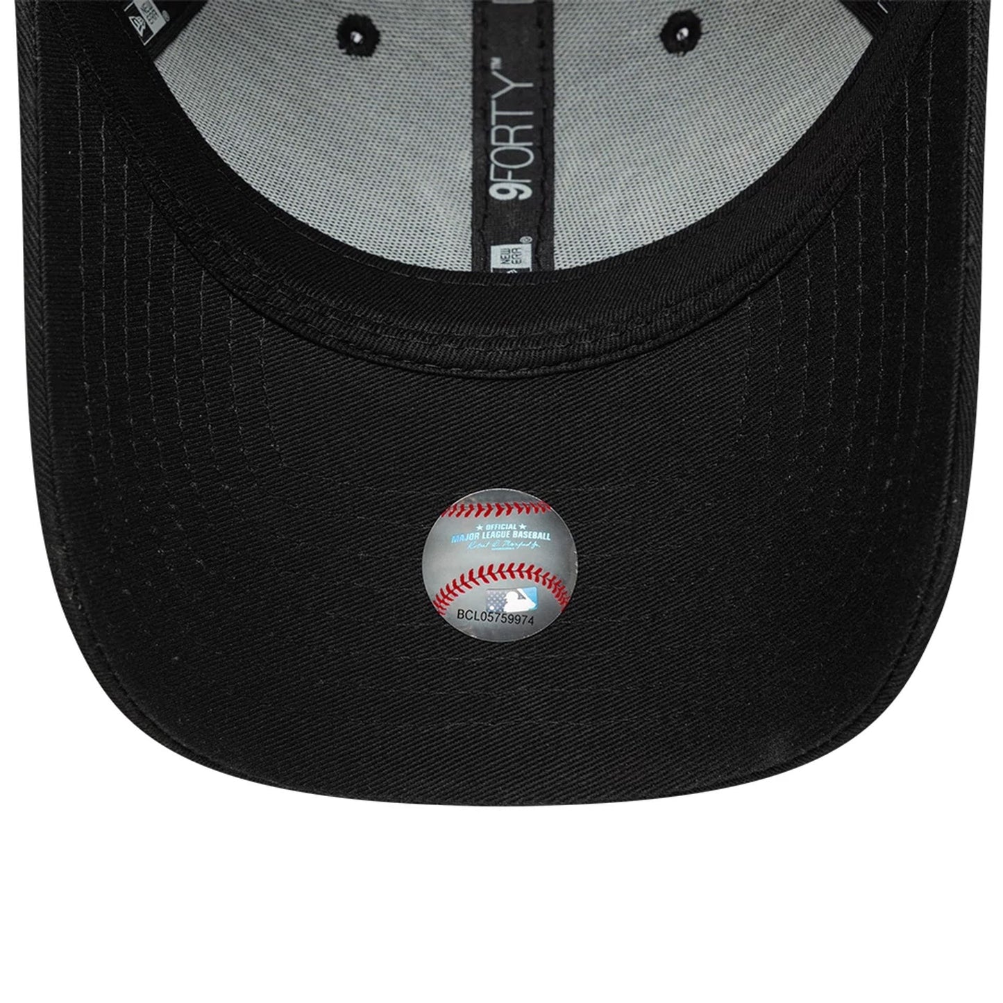 New York Yankees MLB Icon Black New Era 9FORTY Adjustable Cap, inside view showing black taping on the curved visor, a grey sweatband with embroidered eyelets, and a 9FORTY size sticker on the undervisor displaying a baseball pattern.