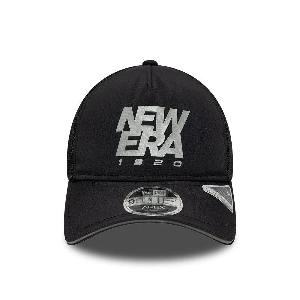 Pictured is this New Era Performance 9FORTY M-Crown A-Frame Trucker cap in black. 2