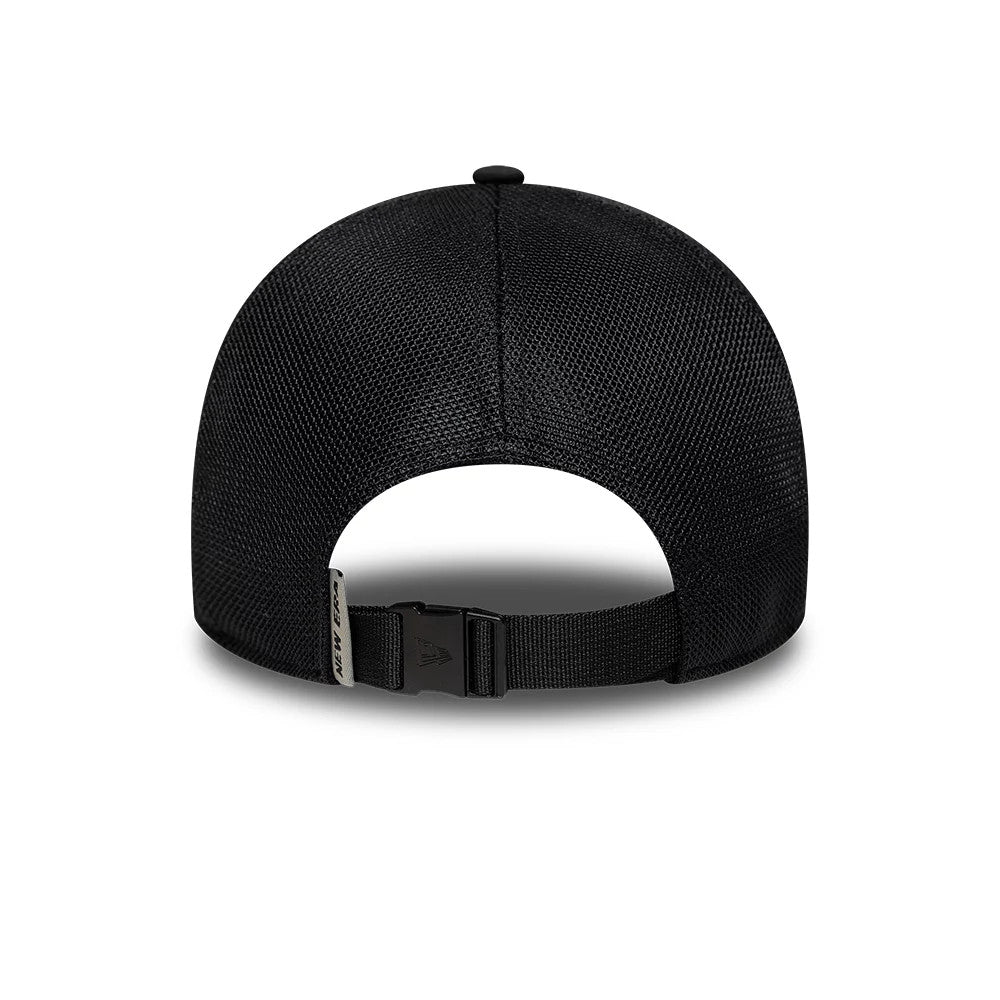 New Era Performance Black 9FORTY M-Crown A-Frame Trucker Adjustable Cap, rear view showing the structured black mesh crown, adjustable black strap with a plastic buckle, and a small New Era tag on the strap.
