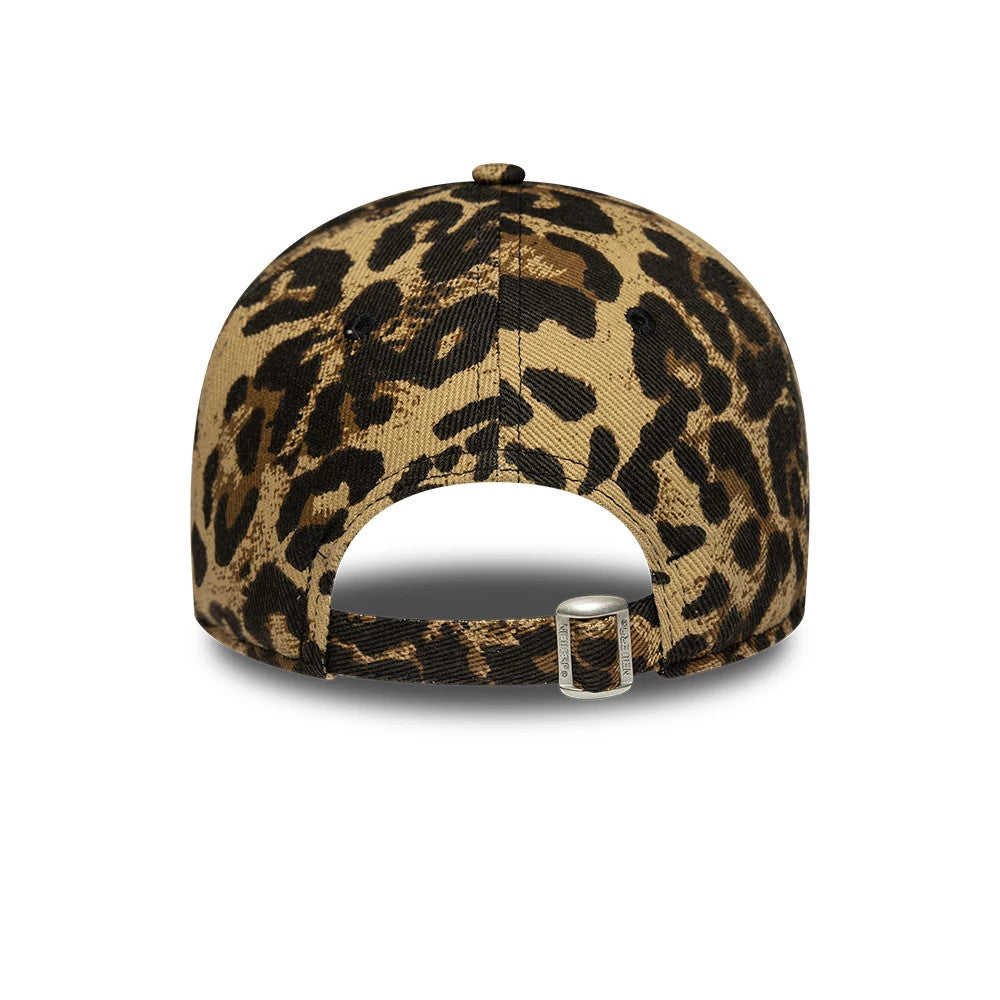 New York Yankees Womens MLB Leopard Dark Brown New Era 9TWENTY Adjustable Cap, rear view showing the leopard print covering the entire cap, a curved opening for the adjustable strap with a buckle, and a structured crown.