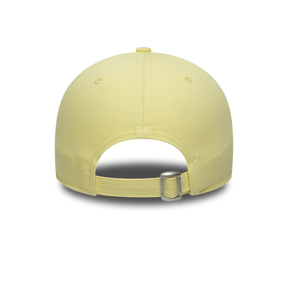 LA Dodgers MLB Team Outline Pastel Yellow New Era 9FORTY Adjustable Cap, rear view showing the adjustable strap with a buckle at the back, two embroidered eyelets on each side, and a matching pastel yellow top button on the crown.