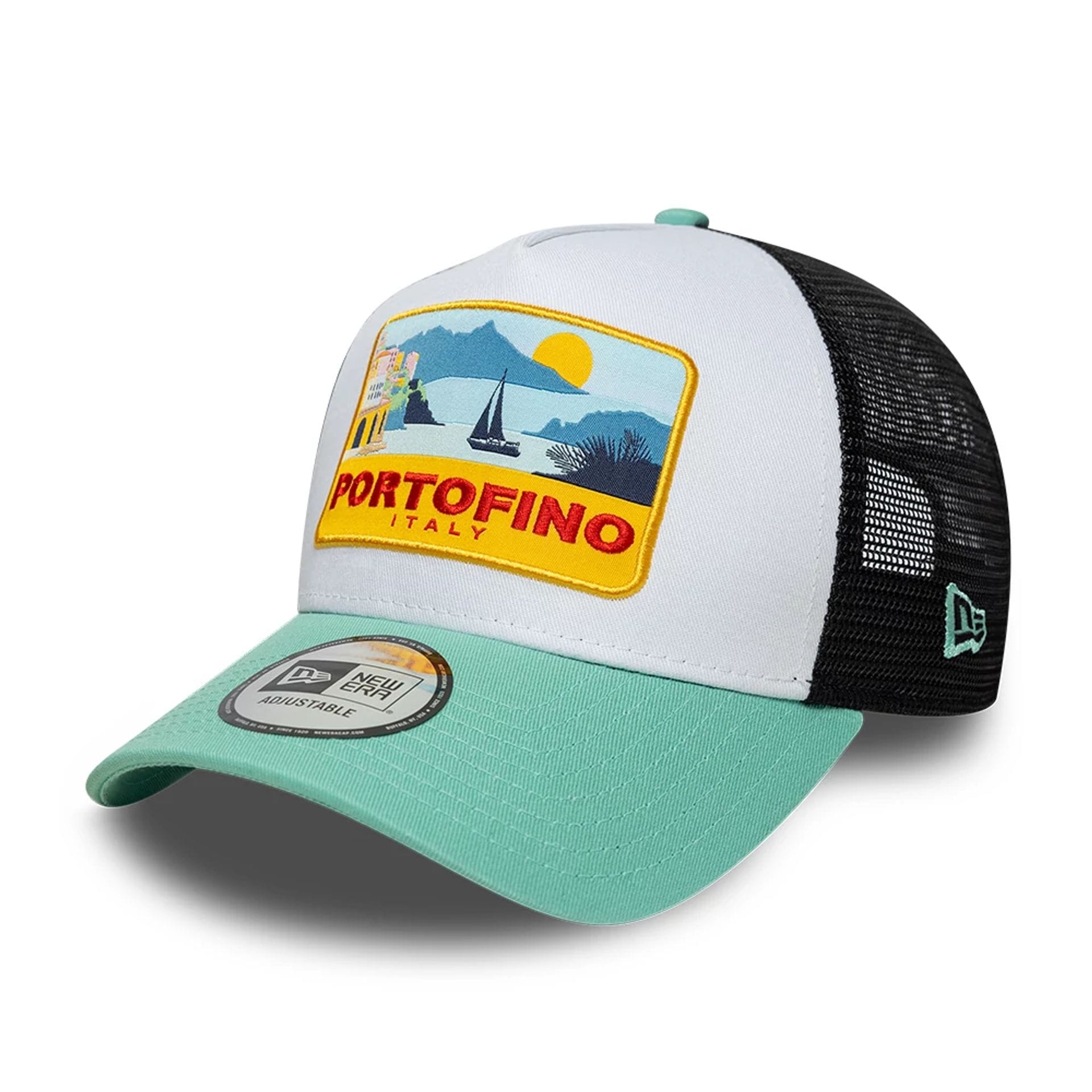Pictured is this New Era Location 9FORTY A-Frame Trucker cap in pastel green. 1