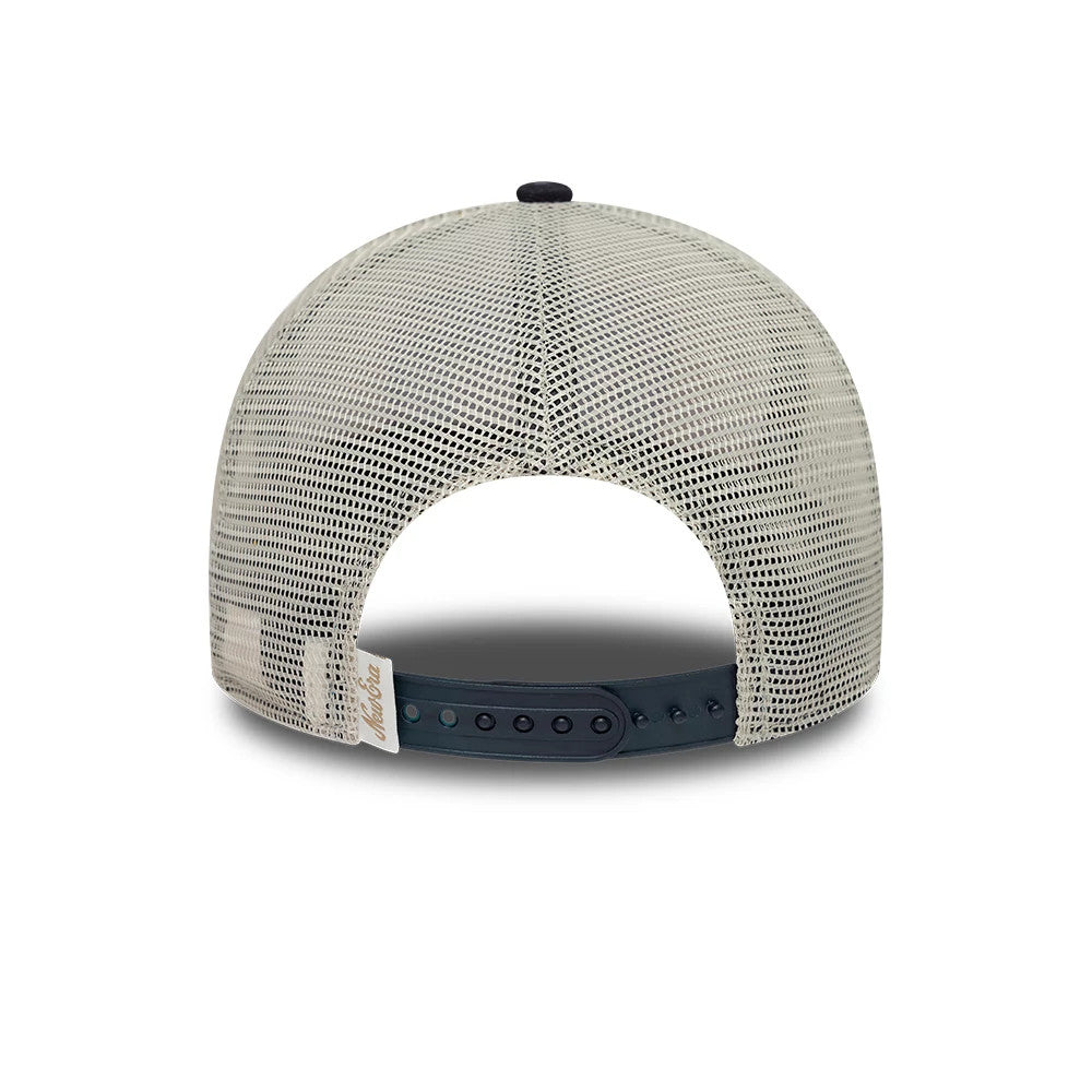 Pictured is this New Era 9FORTY M-Crown A-Frame Trucker cap in light beige. 5