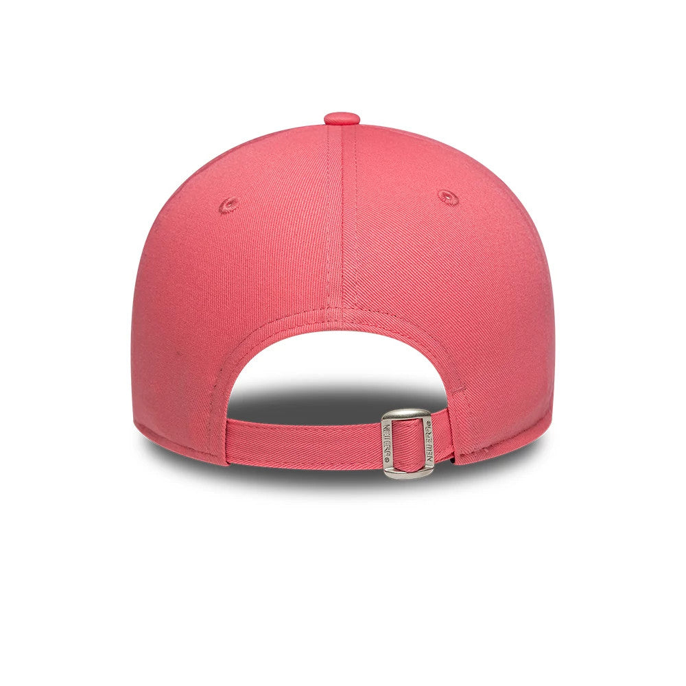 New York Yankees Womens MLB League Essential Pink New Era 9TWENTY Adjustable Cap, rear view showing a pink strap with a silver buckle closure, the structured pink crown, and small embroidered eyelets on each panel.