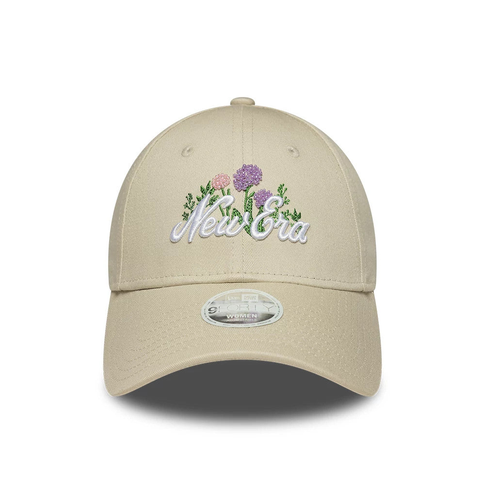 Womens New Era Beaded Light Beige 9FORTY Adjustable Cap, front view showing white script New Era lettering and multicoloured floral embroidery on the structured light beige crown, with an attached 9FORTY size sticker on the curved visor.