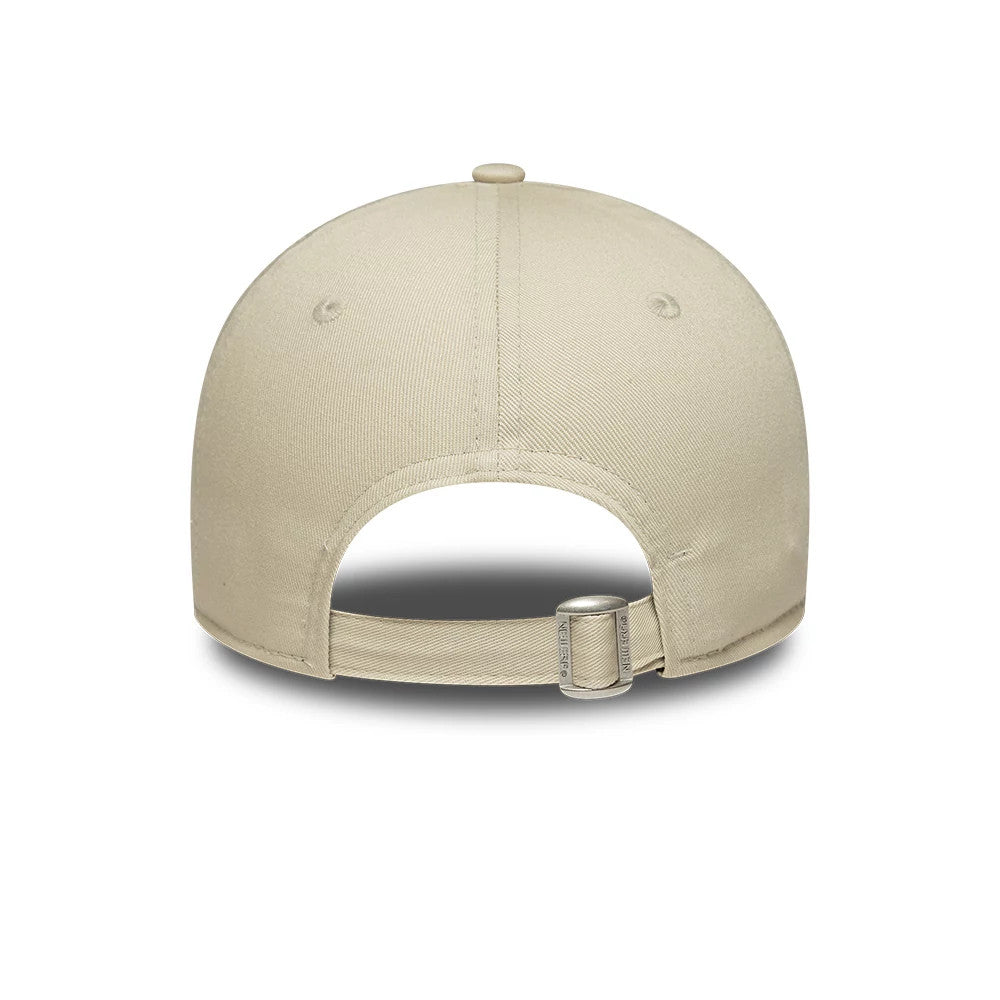 Womens New Era Beaded Light Beige 9FORTY Adjustable Cap, rear view showing an open back with an adjustable strap featuring a buckle, embroidered eyelets on the curved, structured crown, and a light beige fabric finish.
