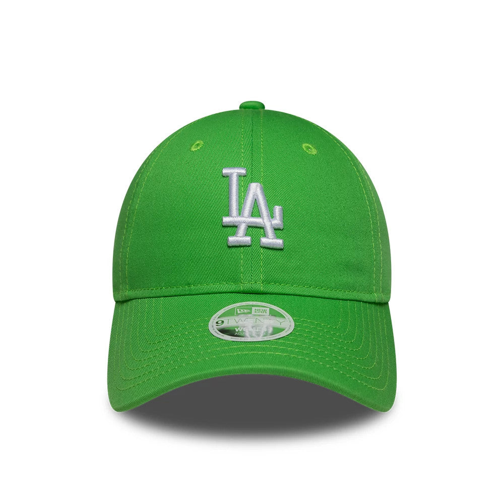 LA Dodgers Womens MLB League Essential Open Green New Era 9TWENTY Adjustable Cap, front view showing the raised white LA logo in front panel embroidery, a matching green visor, and the 9TWENTY size sticker on the visor.