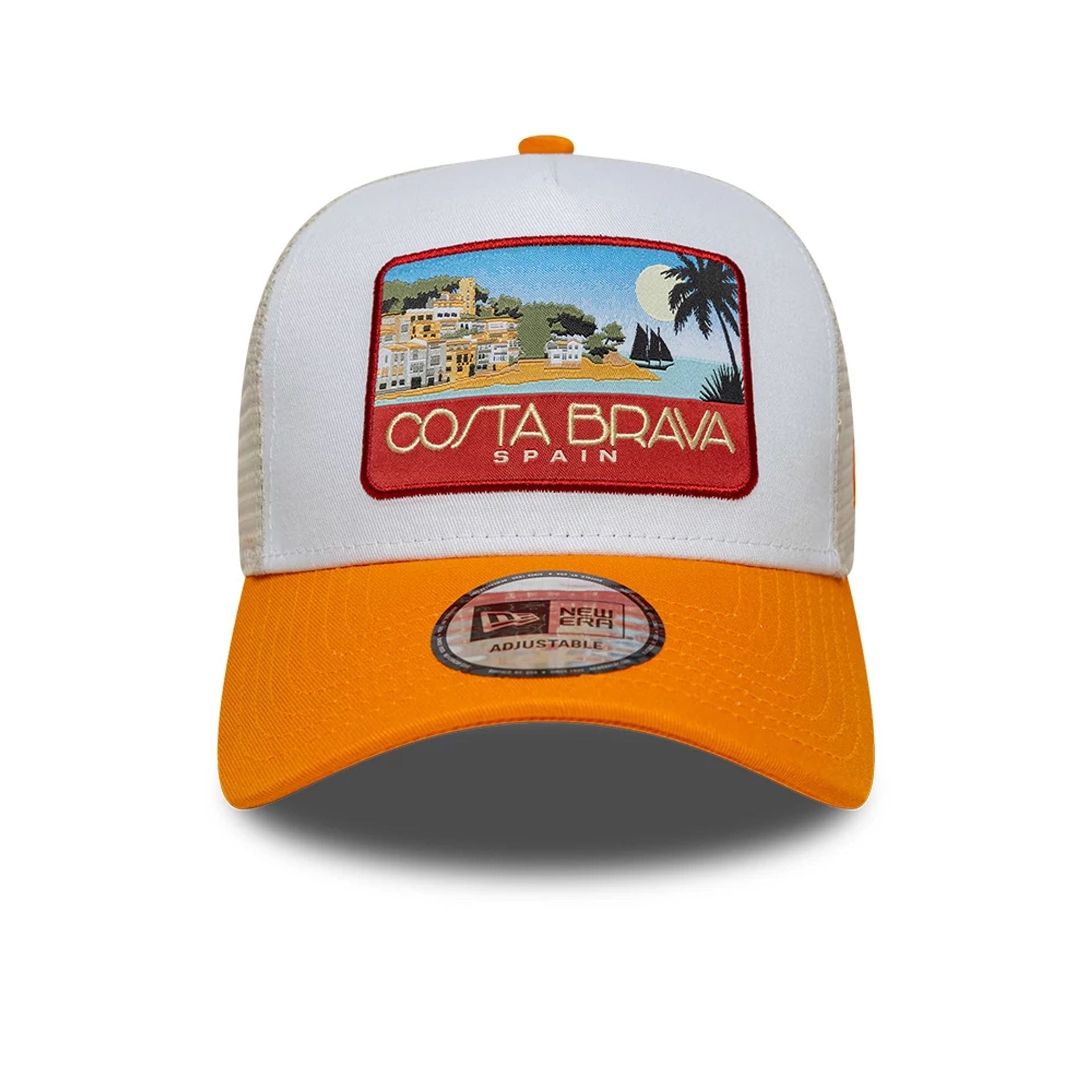 Pictured is this New Era Location 9FORTY A-Frame Trucker cap in orange. 2