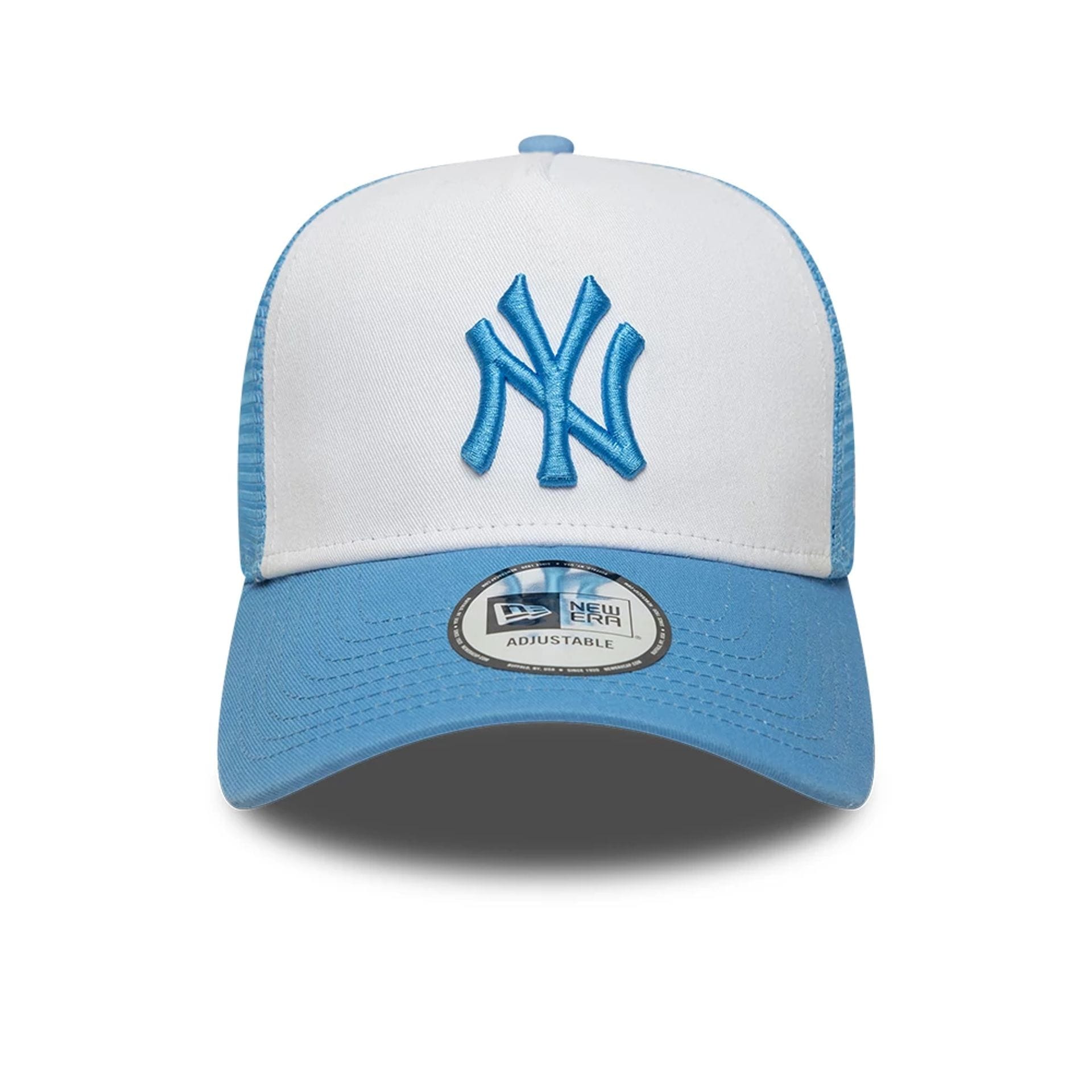 Pictured is this MLB League Essential New York Yankees 9FORTY A-Frame Trucker cap in pastel blue. 2