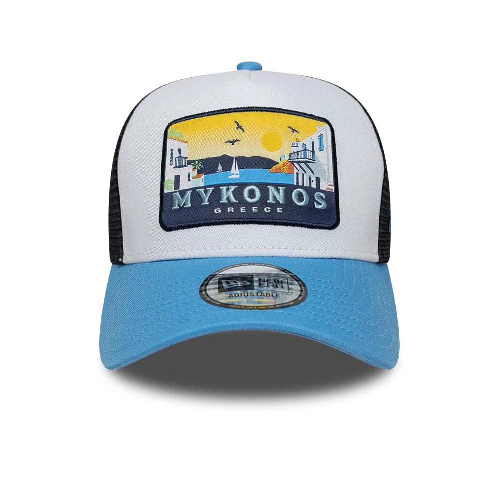 Pictured is this New Era Location 9FORTY A-Frame Trucker cap in pastel blue. 2