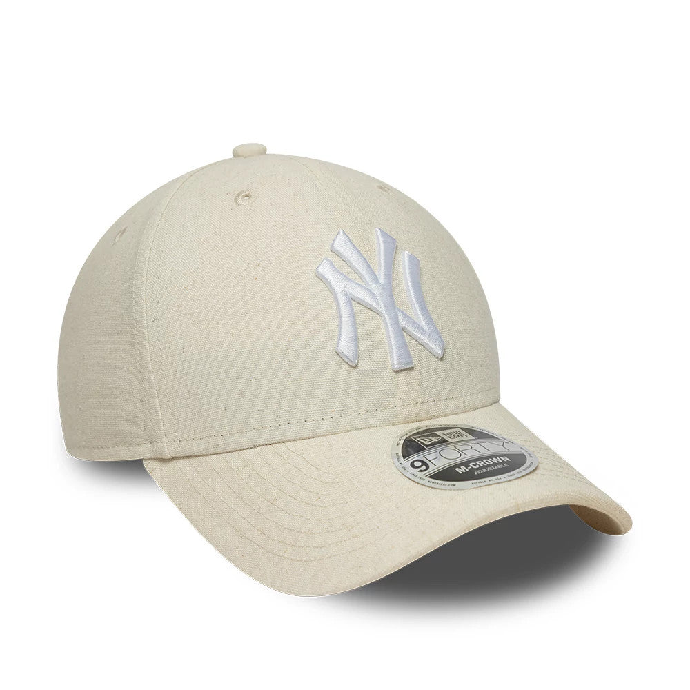 Pictured is this MLB Linen New York Yankees 9FORTY M-Crown cap in Cream. 3