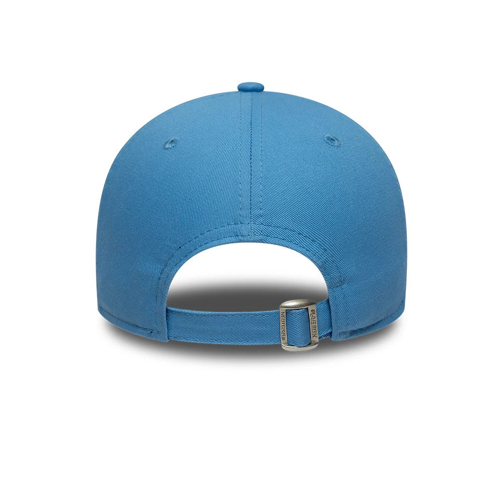 Athletics MLB League Essential Pastel Blue New Era 9FORTY Adjustable Cap, rear view showing a pastel blue structured crown with a colour-matched top button and embroidered eyelets, featuring an adjustable strap with a buckle closure for custom fit.