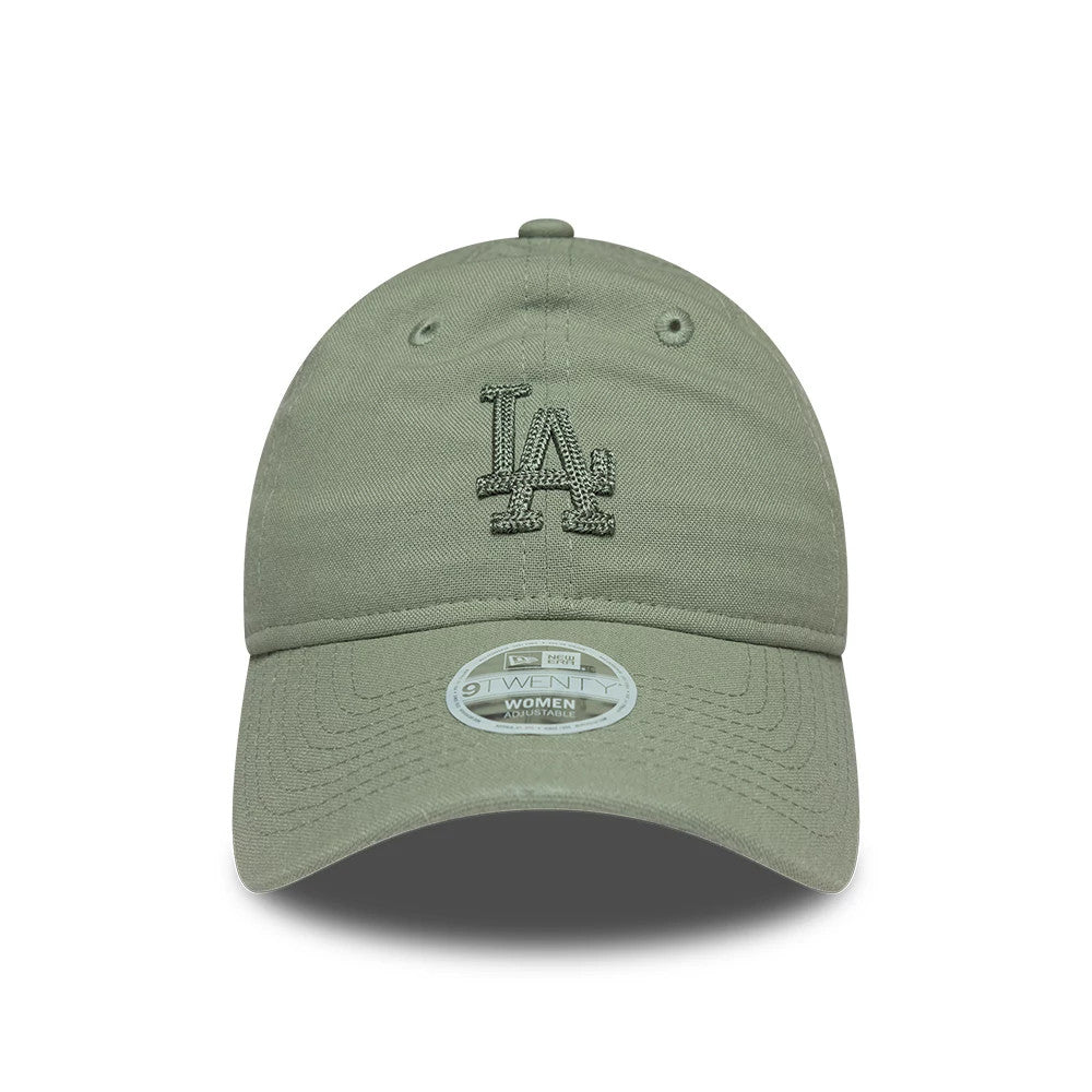 LA Dodgers Womens MLB Linen Pastel Green New Era 9TWENTY Adjustable Cap, front view showing the dark green embroidered LA logo on the linen fabric crown, curved pastel green visor, and 9TWENTY size sticker centred on the visor.