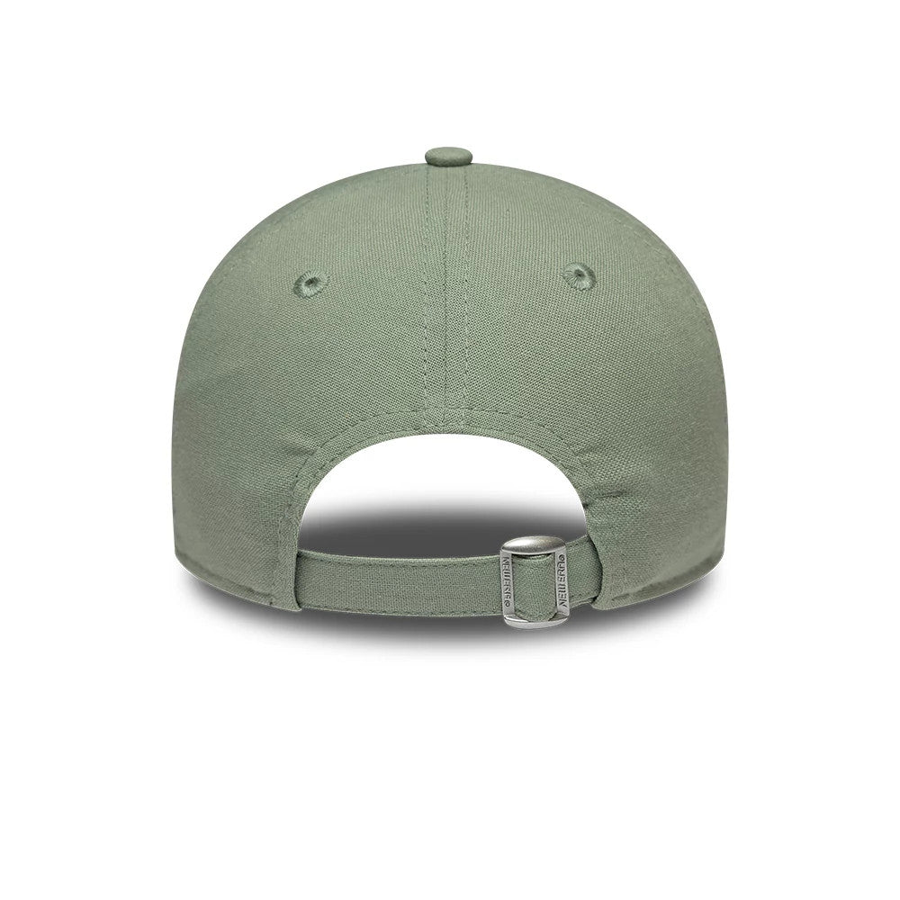 LA Dodgers Womens MLB Linen Pastel Green New Era 9TWENTY Adjustable Cap, rear view showing an unstructured pastel green crown, a small opening with an adjustable strap, and a buckle, with no back logo.