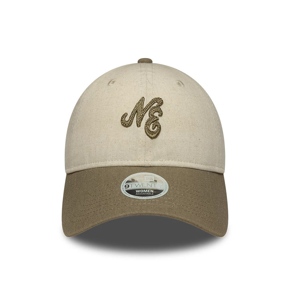 Womens New Era Linen Beige 9TWENTY Adjustable Cap, front view showing a brown embroidered NE logo on the centre of the light beige crown, complemented by a darker beige curved visor and a 9TWENTY size sticker on top.