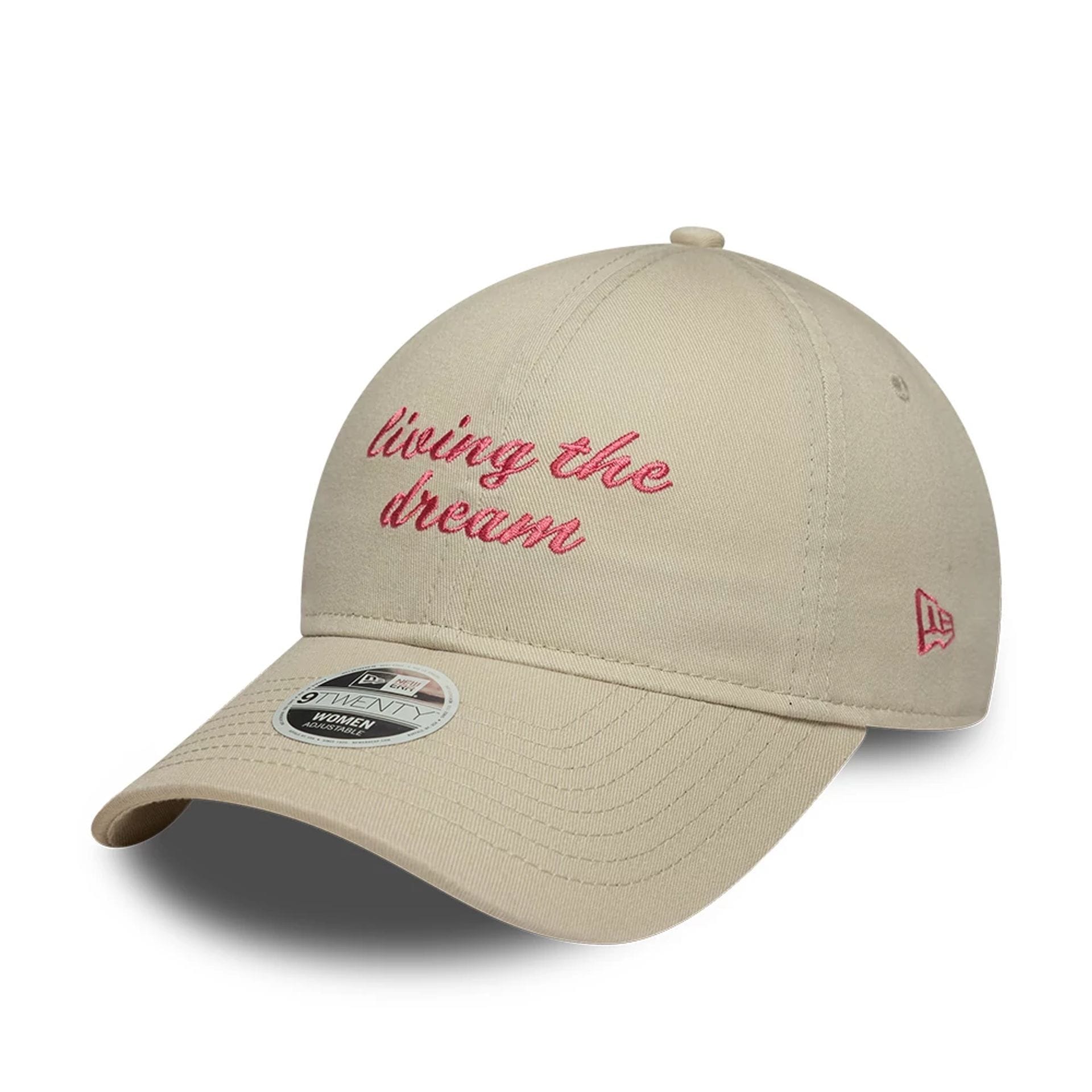 Pictured is this Womens New Era Slogan 9TWENTY cap in Cream. 1