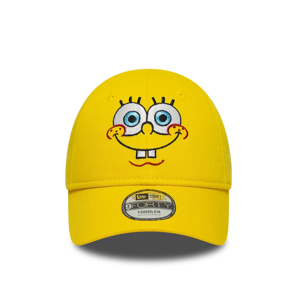 Spongebob Squarepants Toddler Bright Yellow New Era 9FORTY Adjustable Cap, front view showing a bright yellow crown with an embroidered Spongebob face in colours, a structured visor, and featuring the 9FORTY size sticker on the centre of the visor.