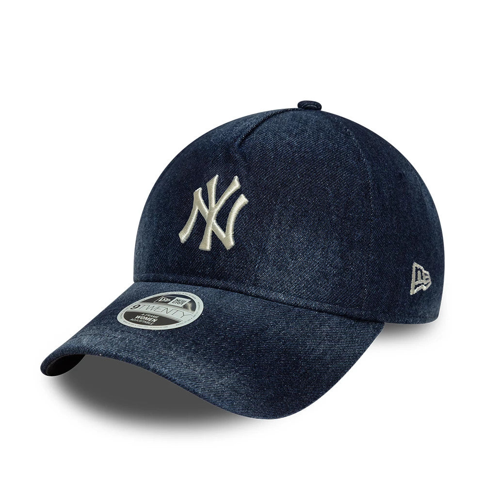 New York Yankees Womens MLB Denim Navy New Era 9TWENTY A-Frame Adjustable Cap, three-quarter view showing the raised white embroidered NY logo on the front panel, blue denim visor, and the New Era flag logo on the left side.