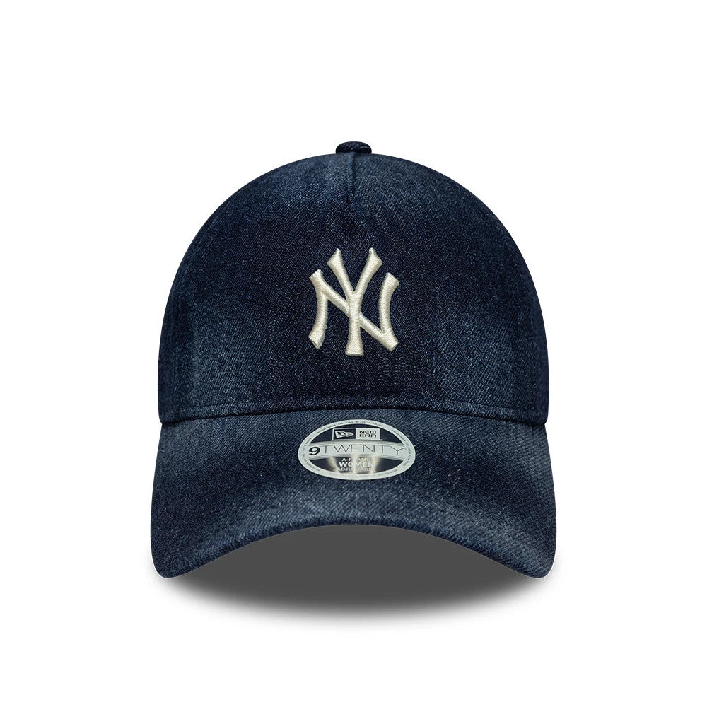 New York Yankees Womens MLB Denim Navy New Era 9TWENTY A-Frame Adjustable Cap, front view showing a raised white NY logo embroidered on the structured denim navy crown, with a curved visor and a 9TWENTY size sticker on the visor.