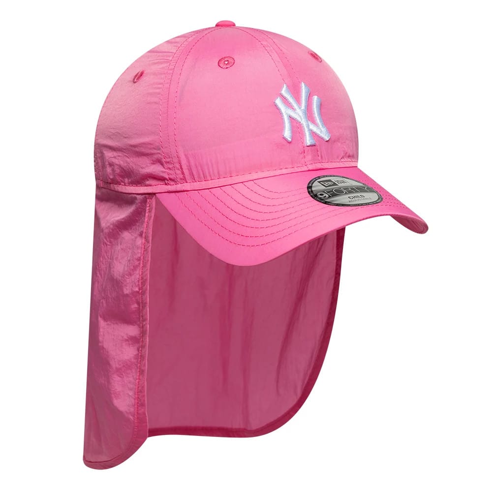 New York Yankees Child MLB Sun Shield Pink New Era 9FORTY Adjustable Cap, three-quarter view showing the raised white embroidered NY logo on the front, a curved visor with 9FORTY size sticker, and extended pink sun shield flap at the back.