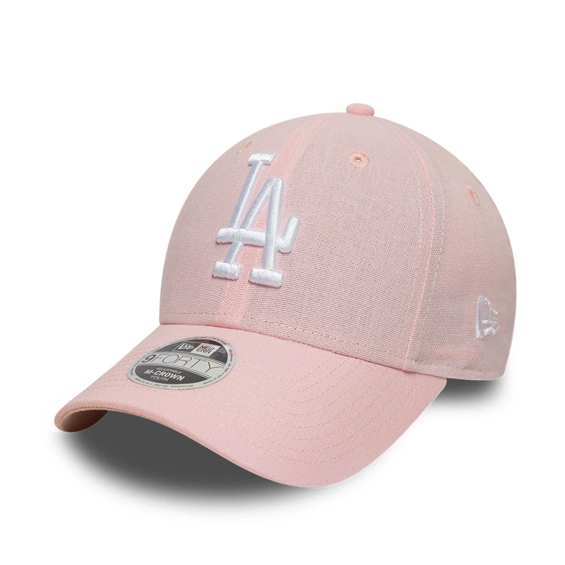 Pictured is this Youth MLB Linen LA Dodgers 9FORTY M-Crown cap in pastel pink. 1