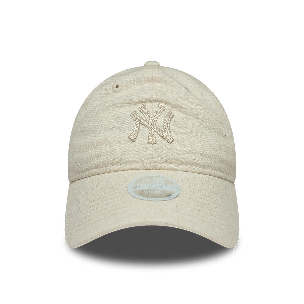 Pictured is this Womens MLB Linen New York Yankees 9TWENTY cap in light beige. 2