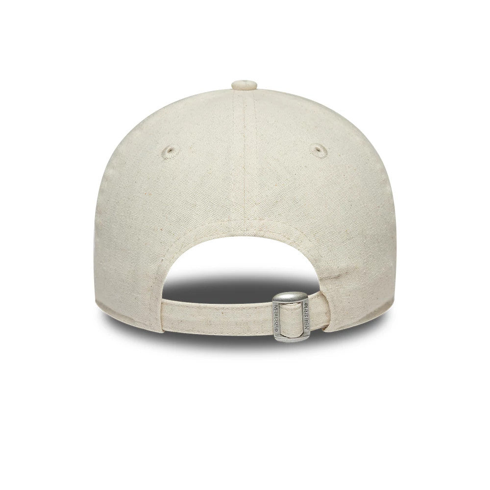 New York Yankees Womens MLB Linen Light Beige New Era 9TWENTY Adjustable Cap, rear view showing the buckle on the fabric strap for size adjustment, with eyelets on each panel of the soft linen fabric and a top button in matching light beige.