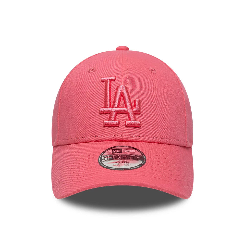 LA Dodgers Youth MLB League Essential Pink New Era 9FORTY Adjustable Cap, front view showing the raised pink LA logo embroidered on the structured crown, with a matching curved visor and the 9FORTY size sticker on the centre of the visor.