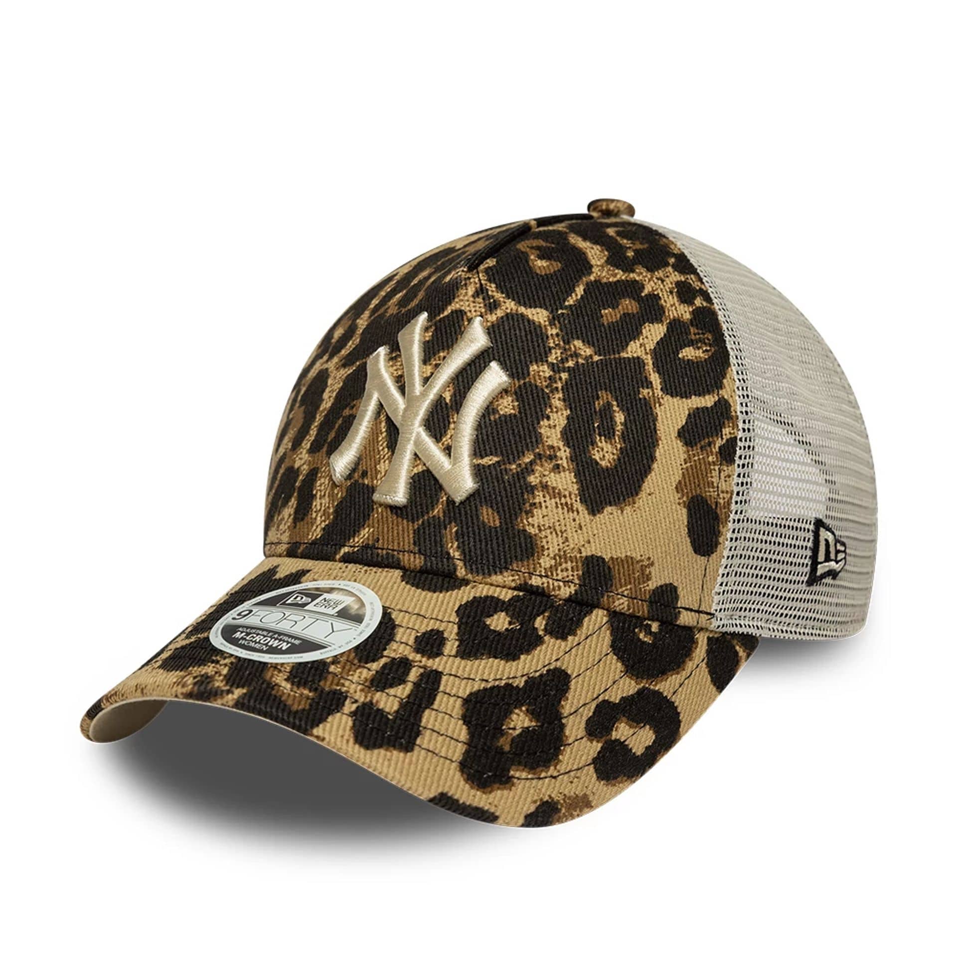 Pictured is this Womens MLB Leopard New York Yankees 9FORTY M-Crown A-Frame Trucker cap in dark brown. 1